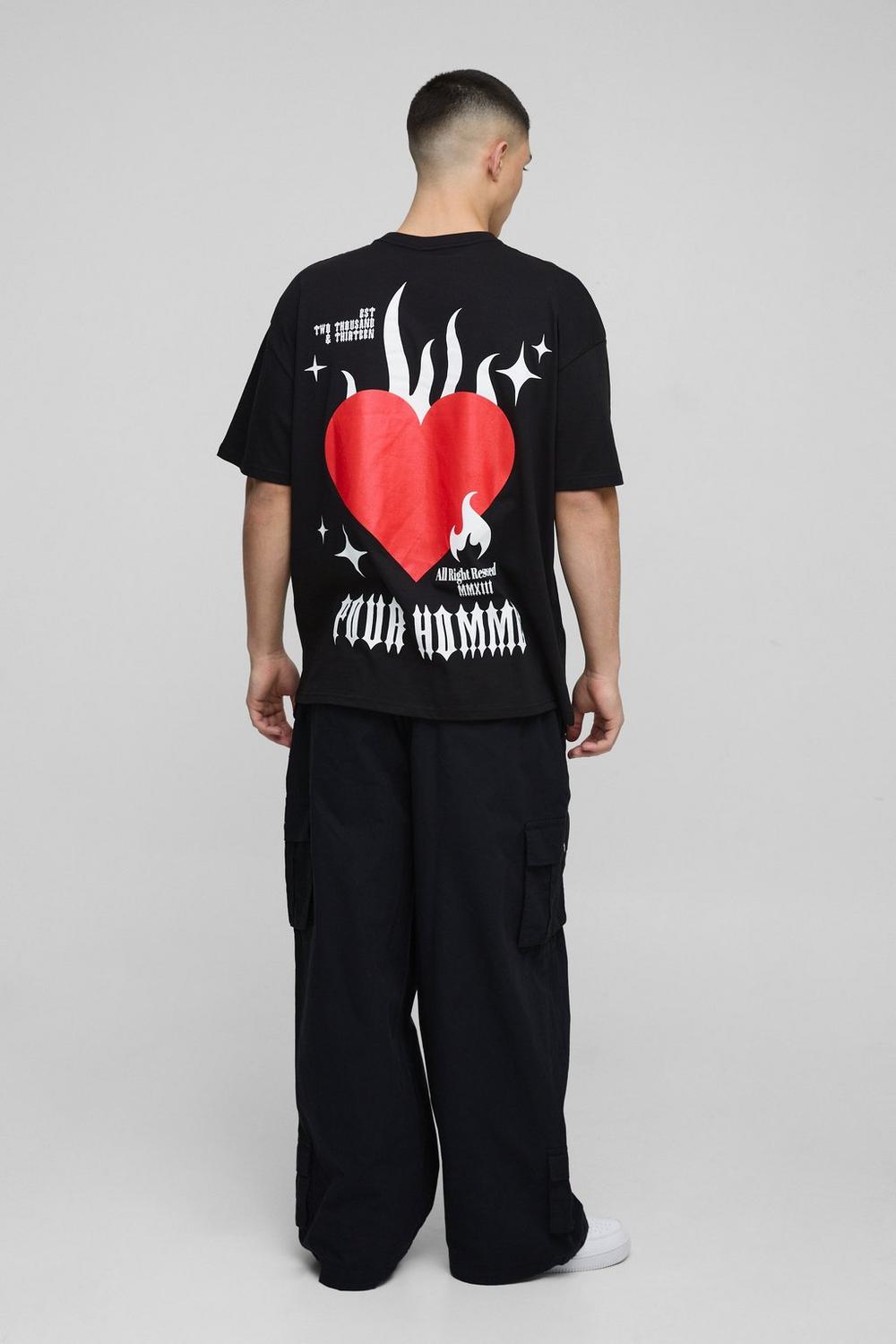 Oversized Pour Homme Flame Heart Graphic T-Shirt