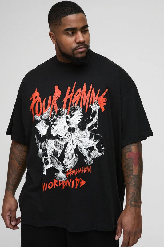 Oversized Extended Neck Gothic Renaissance Print T-Shirt