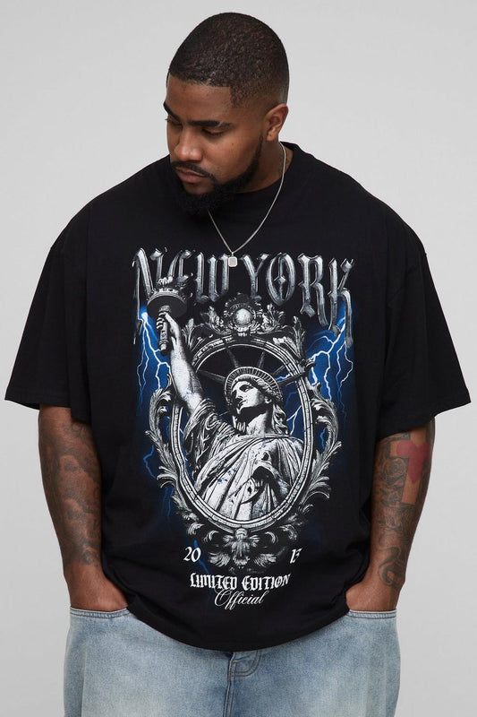 Oversized Extended Neck Large Scale New York Renaissance Print T-Shirt