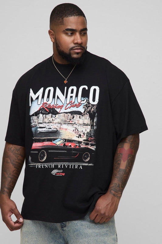 Oversized Extended Neck Monaco Vintage Car Print T-Shirt