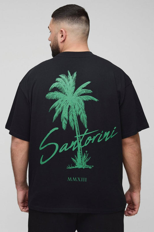 Oversized Extended Neck Santorini Palm Print Landscape T-Shirt