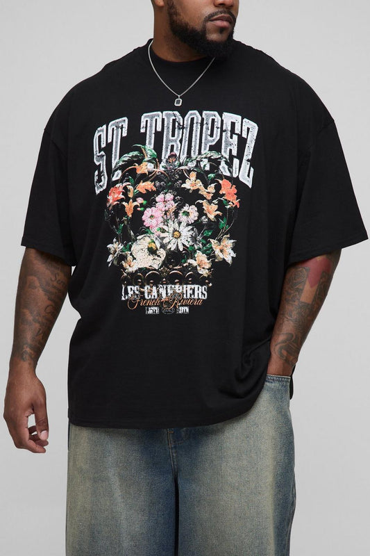 Oversized Extended Neck St. Tropez Floral Print T-Shirt