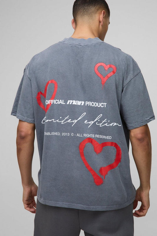 Oversized Extended Neck Limited Edition Heart Washed Graphic T Shirt