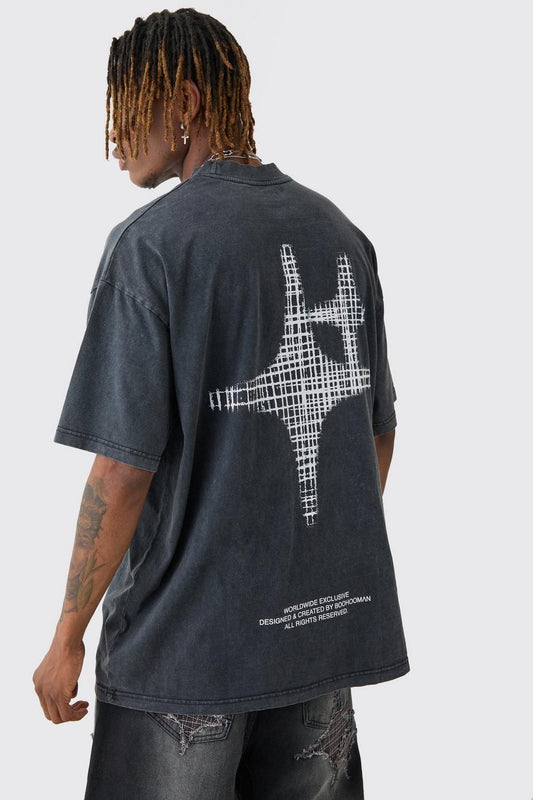 Tall Oversized Extended Neck Acid Wash Print T-shirt
