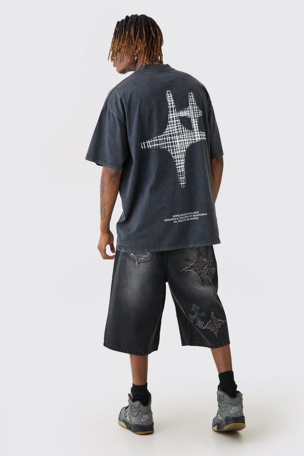 Tall Oversized Extended Neck Acid Wash Print T-shirt