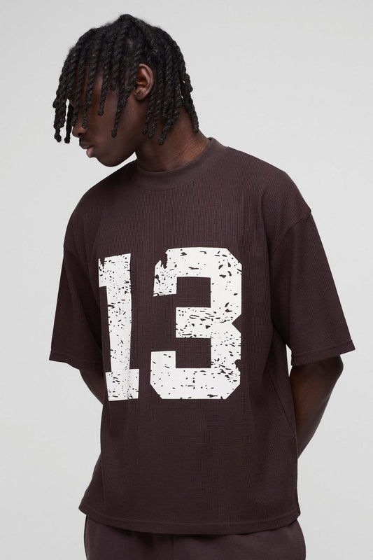 Oversized Boxy Extended Neck 13 Waffle Print T-Shirt
