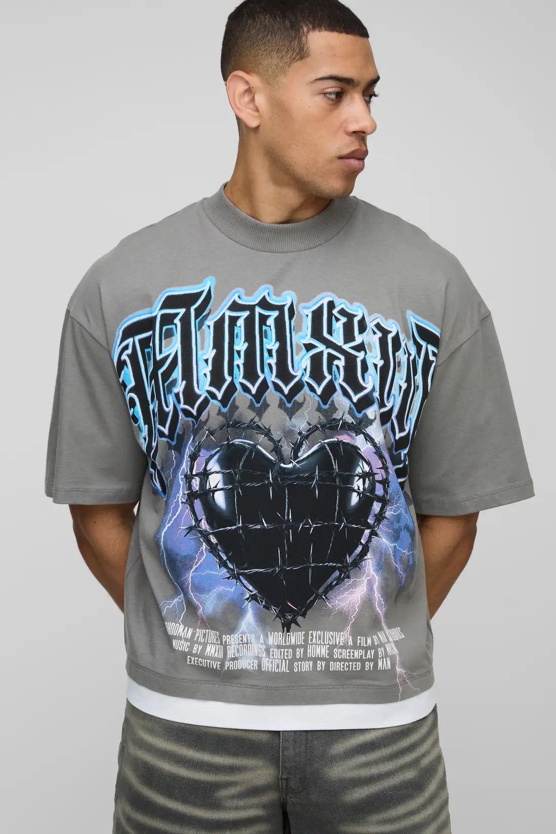 Oversized Boxy Extended Neck Heart Faux Layer T-shirt