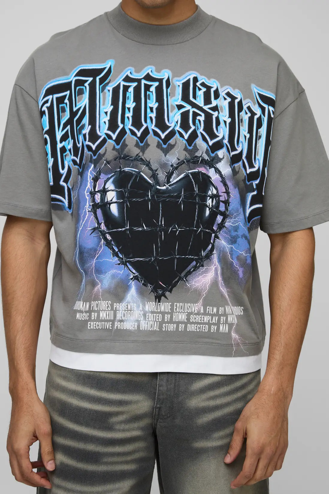 Oversized Boxy Extended Neck Heart Faux Layer T-shirt