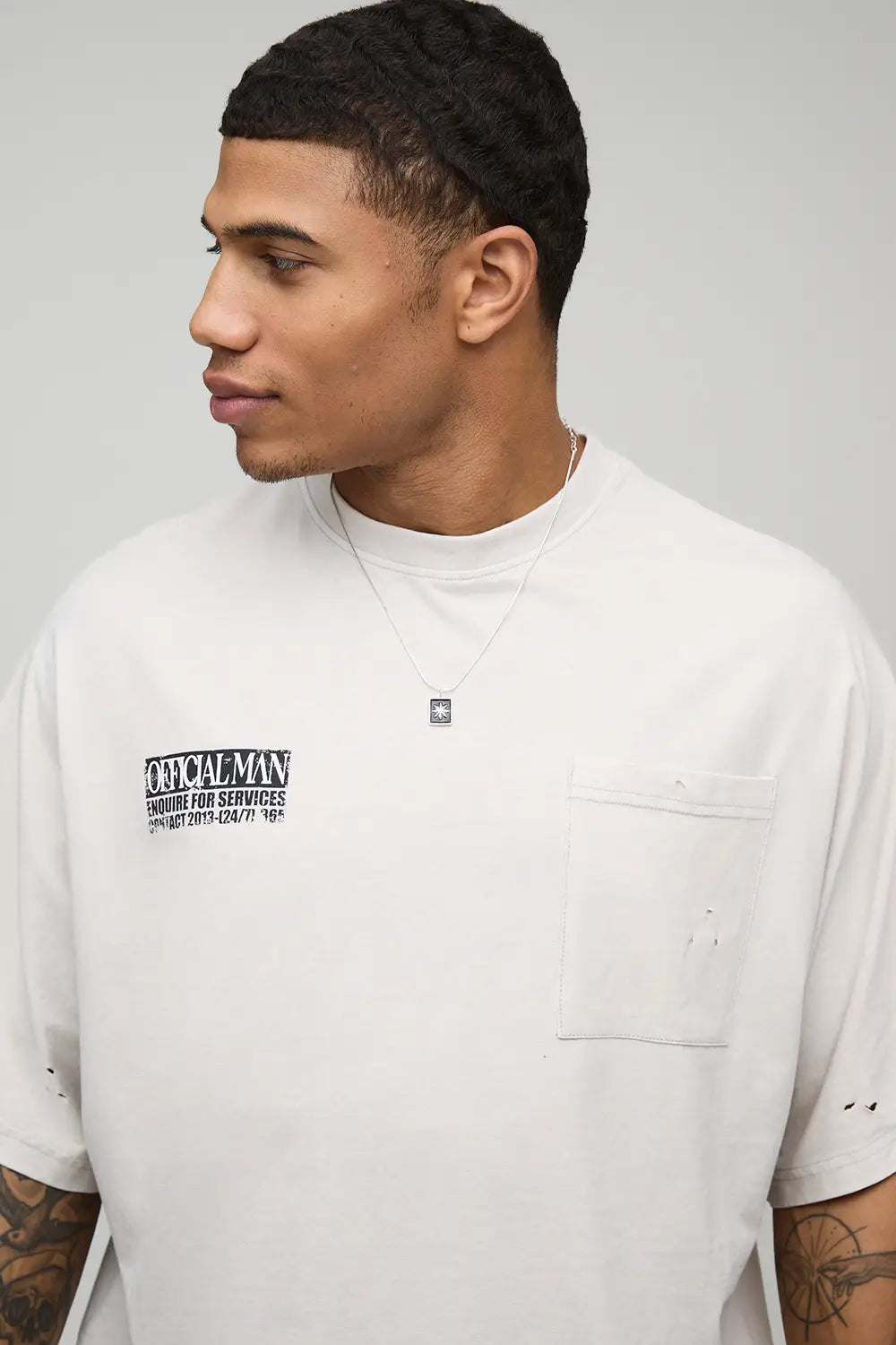 Oversized Boxy Batwing Heavyweight Washed Distressed Slogan Pocket T-Shirt