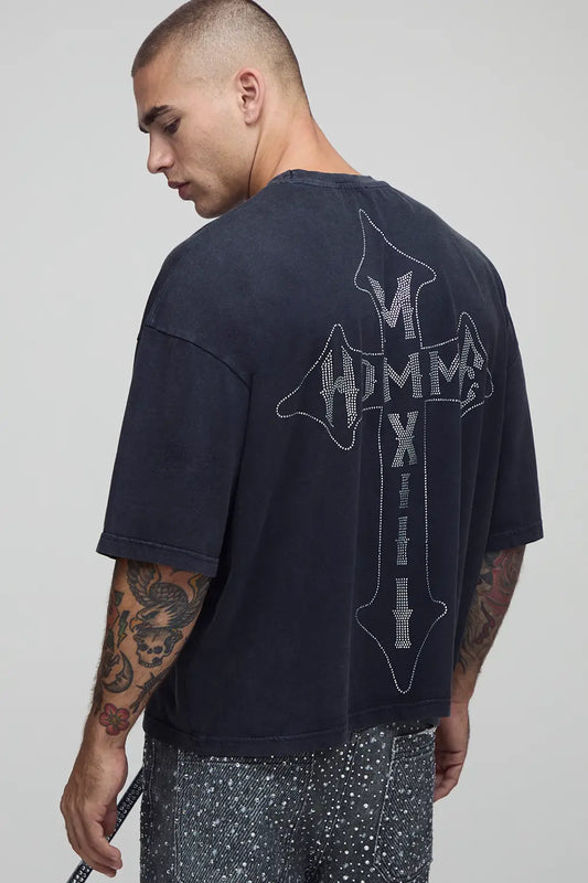 Oversized Cropped Boxy Washed Cross Homme Diamante T-Shirt