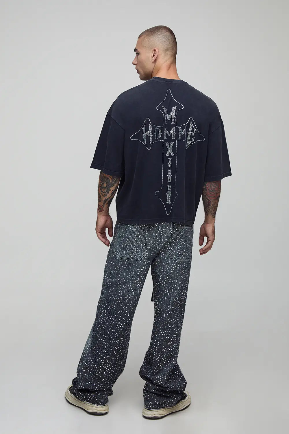Oversized Cropped Boxy Washed Cross Homme Diamante T-Shirt