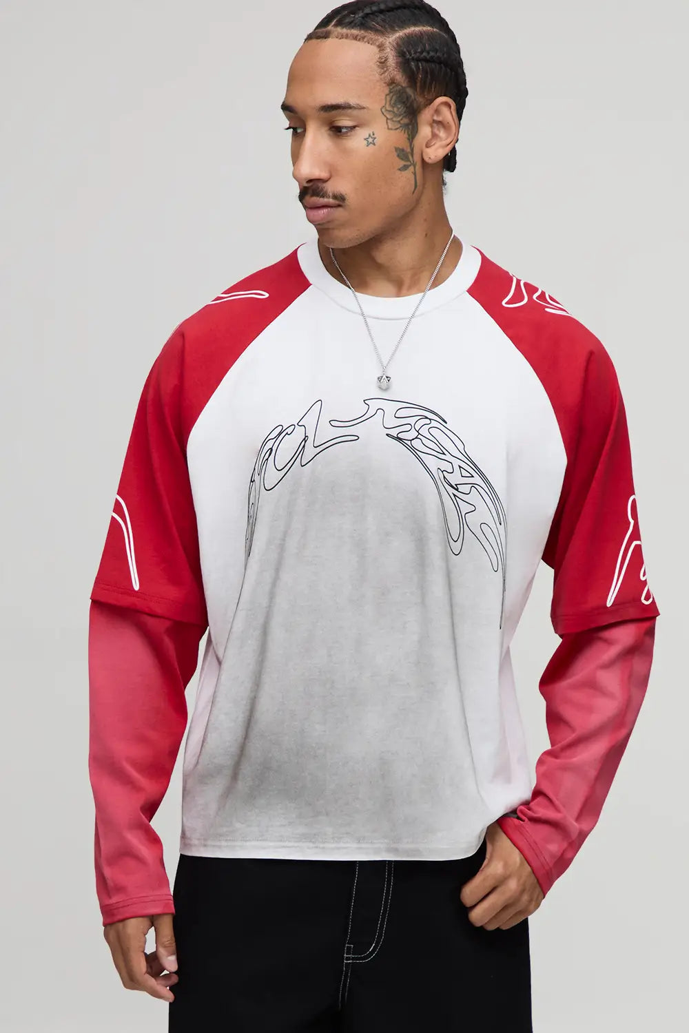 Oversized Boxy Raglan Faux Layer Graphic Washed T-Shirt