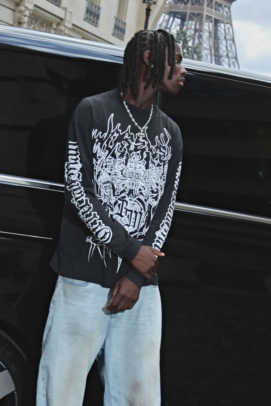 Oversized Extended Neck Washed Gothic Crest Long Sleeve T-Shirt
