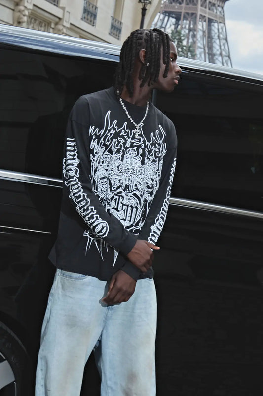 Oversized Extended Neck Washed Gothic Crest Long Sleeve T-Shirt