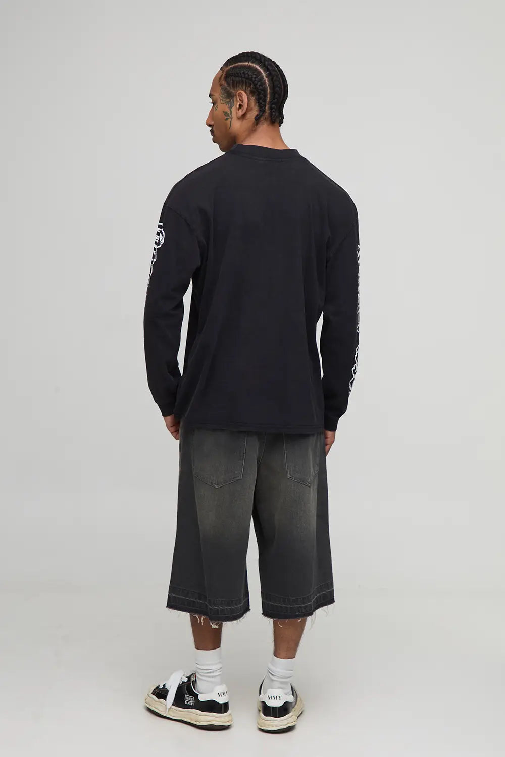 Oversized Extended Neck Washed Gothic Crest Long Sleeve T-Shirt