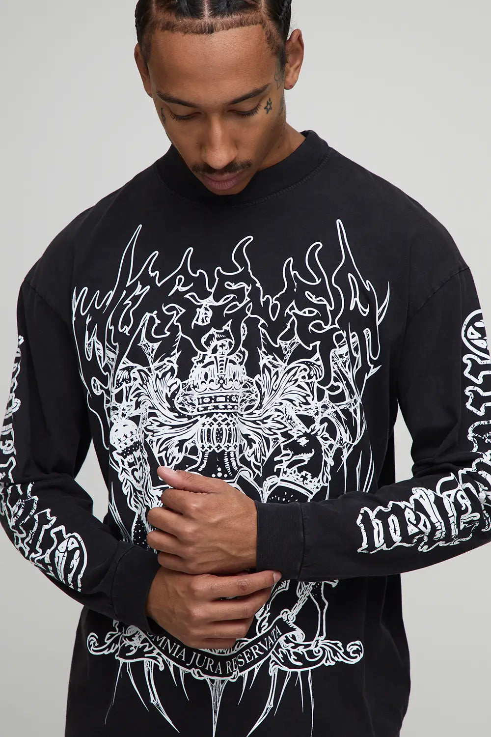 Oversized Extended Neck Washed Gothic Crest Long Sleeve T-Shirt