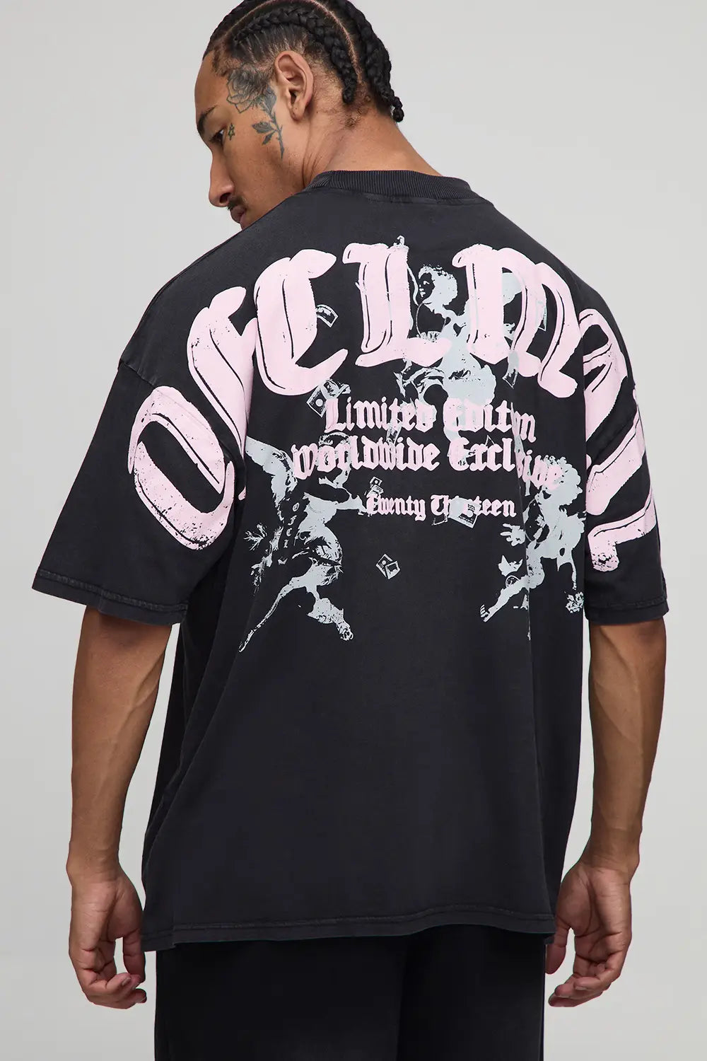 Black Oversized Washed OFCL Man Over Seams Printed T-Shirt