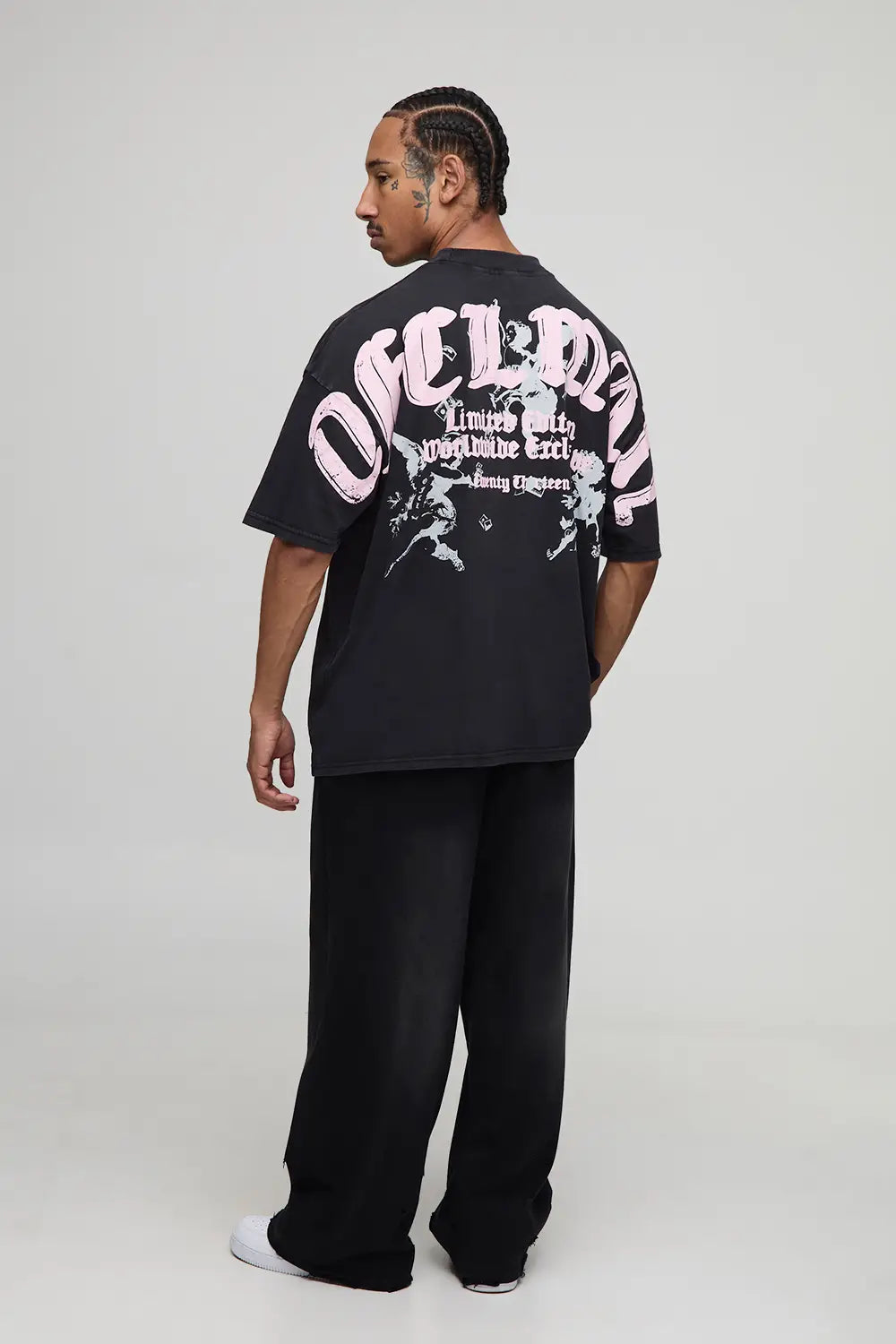 Black Oversized Washed OFCL Man Over Seams Printed T-Shirt