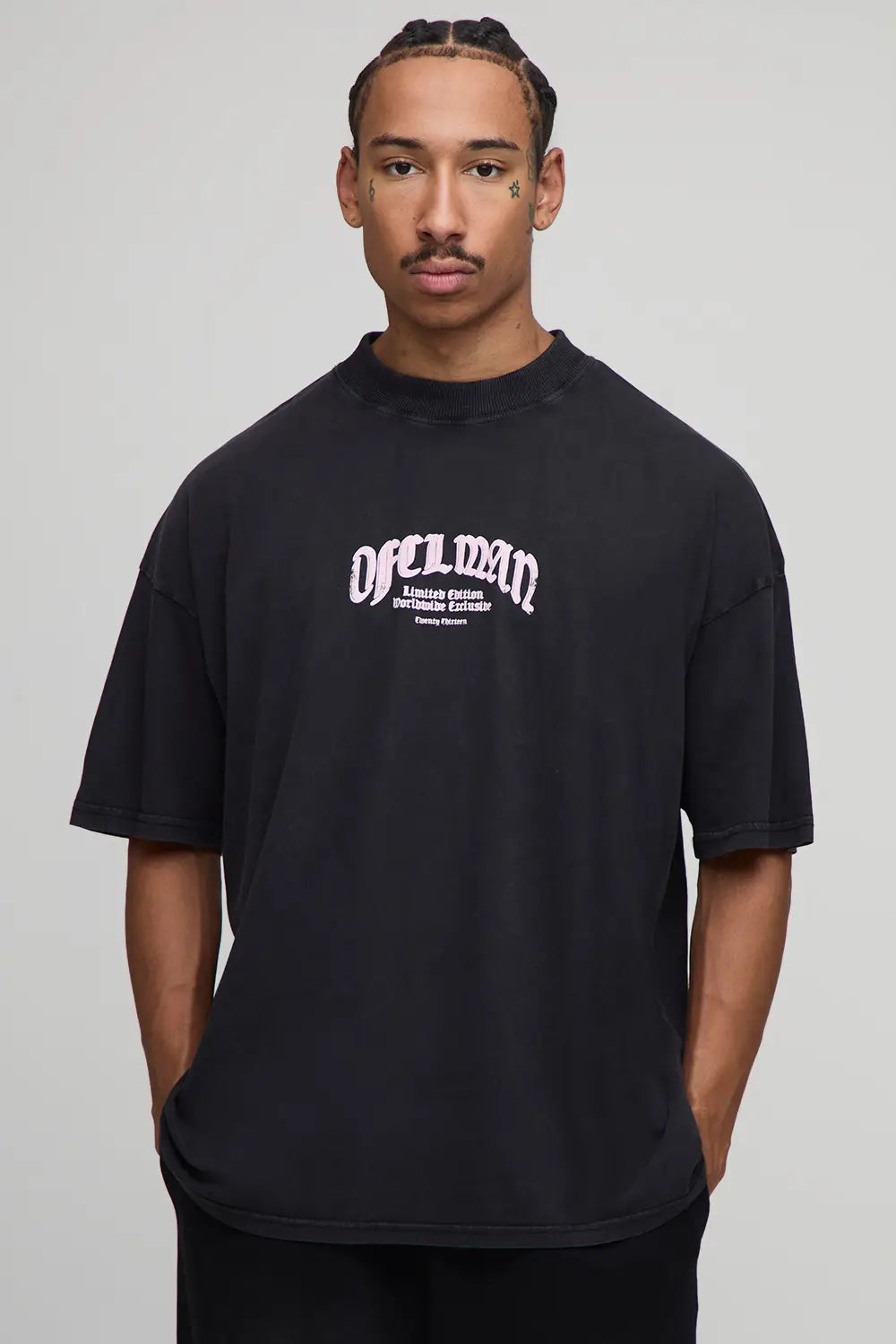 Black Oversized Washed OFCL Man Over Seams Printed T-Shirt
