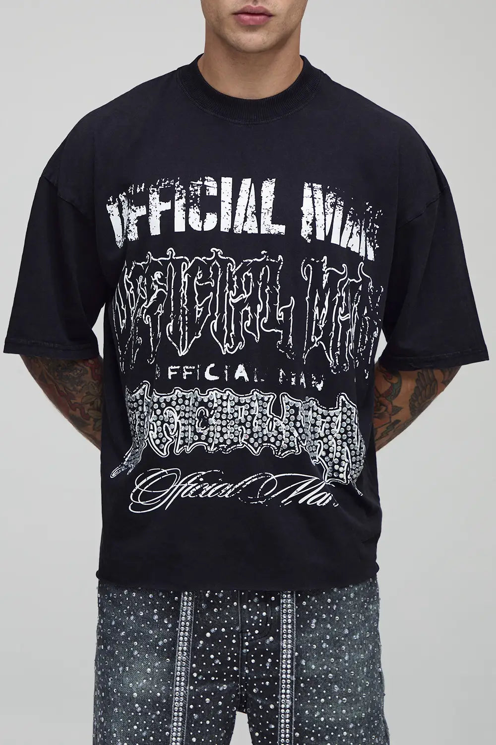 Oversized Boxy Washed Official Man Raw Hem Rhinestone Graphic T-Shirt