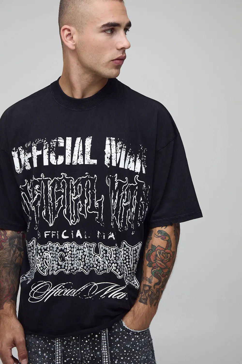 Oversized Boxy Washed Official Man Raw Hem Rhinestone Graphic T-Shirt