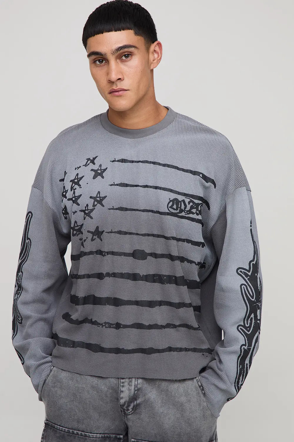 Oversized Boxy Man USA Graphic Washed Waffle Long Sleeve T-Shirt