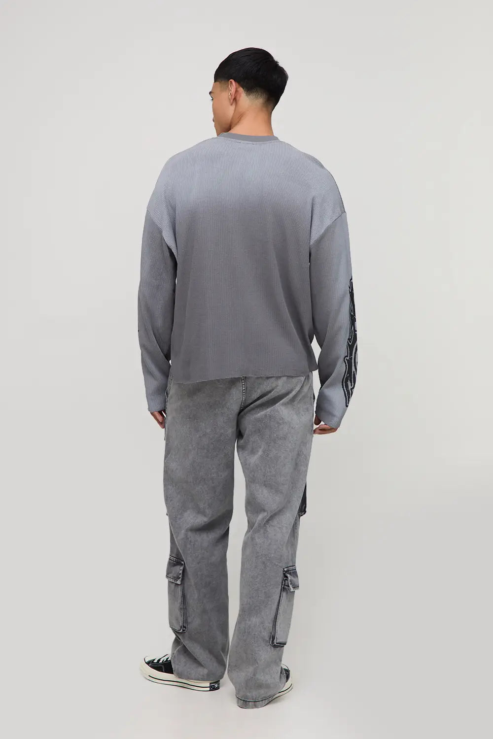 Oversized Boxy Man USA Graphic Washed Waffle Long Sleeve T-Shirt