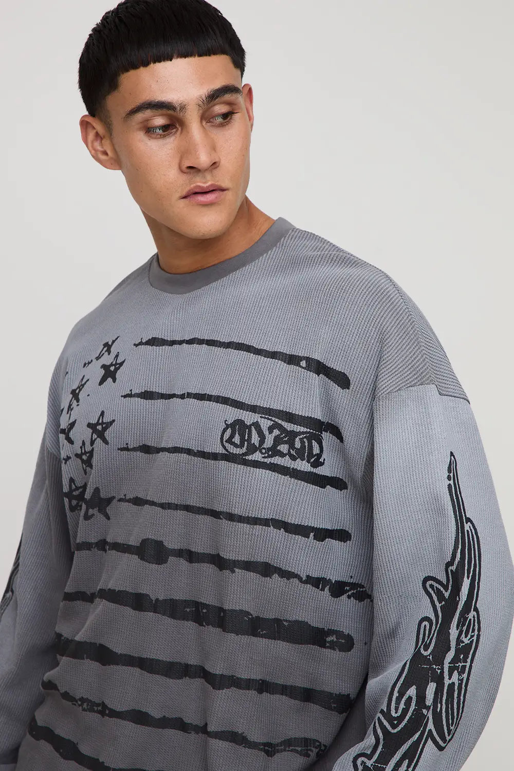 Oversized Boxy Man USA Graphic Washed Waffle Long Sleeve T-Shirt