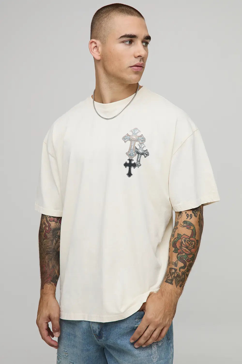 Oversized Cross Rhinestone Washed T-Shirt