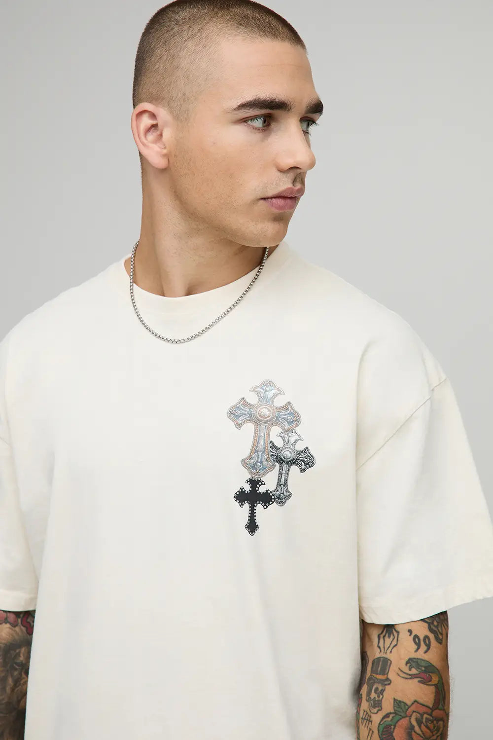 Oversized Cross Rhinestone Washed T-Shirt