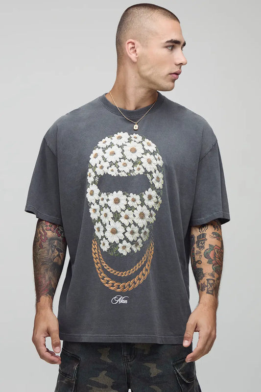 Oversized Man Daisy Ski Mask Printed T-Shirt