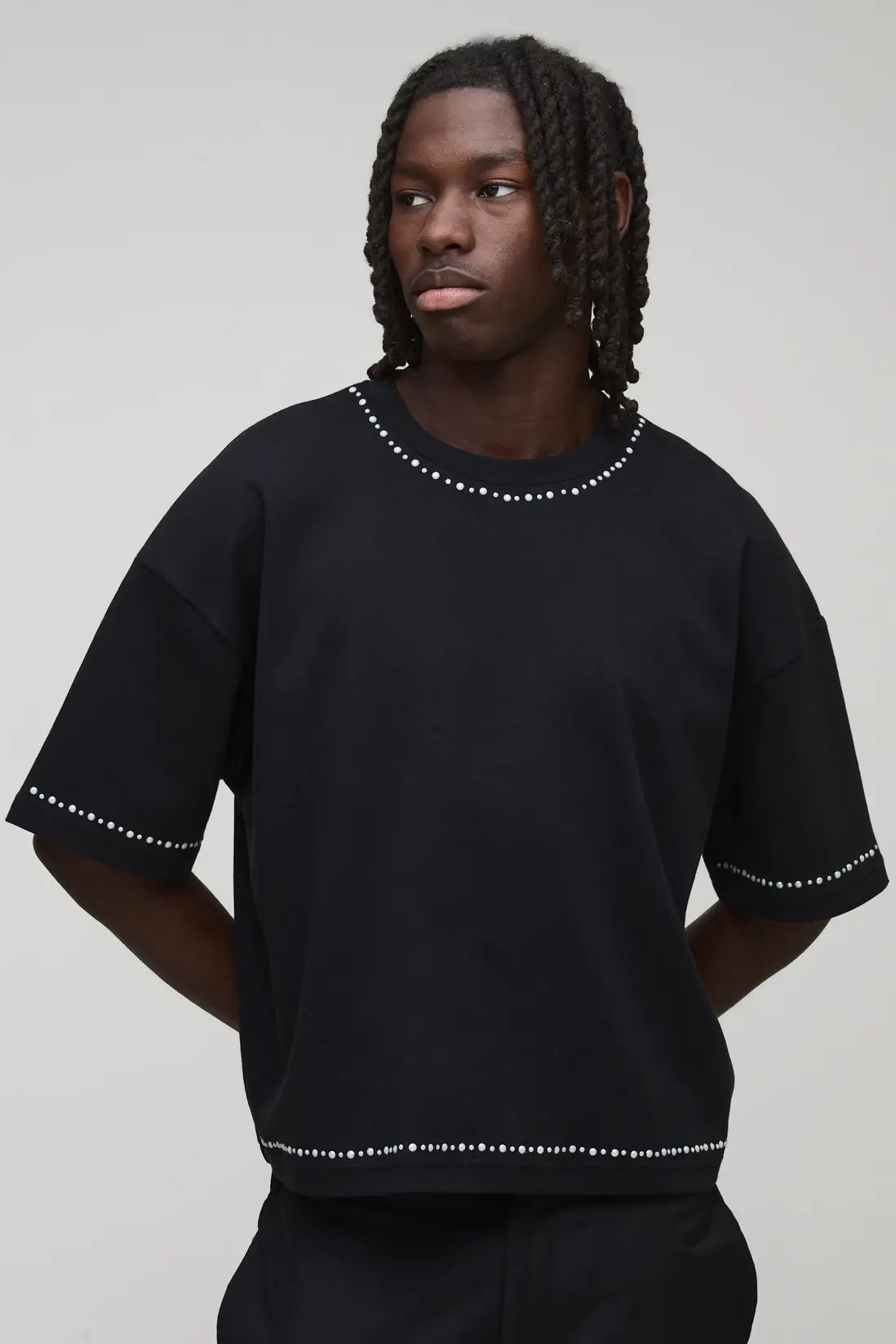 Oversized Shrunken Faux Pearl Embellished Heavyweight Interlock T-Shirt