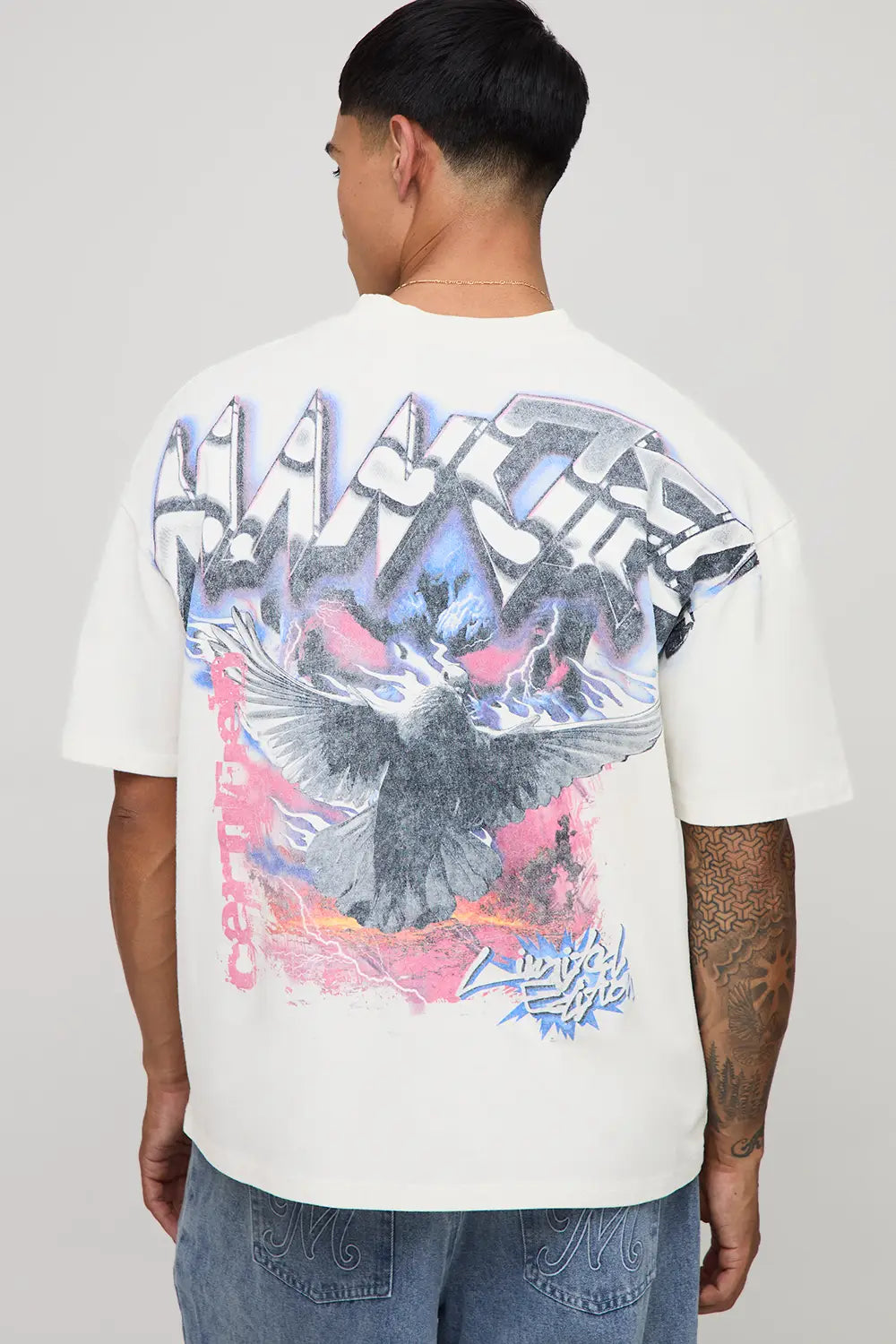 Oversized Extended Neck Eagle Over Seams Vintage Wash Heavyweight Premium Graphic T-Shirt