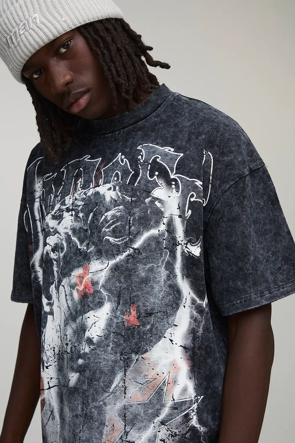 Oversized Extended Neck Man Ofcl Gothic Over Seams Heavyweight Premium Graphic T-Shirt