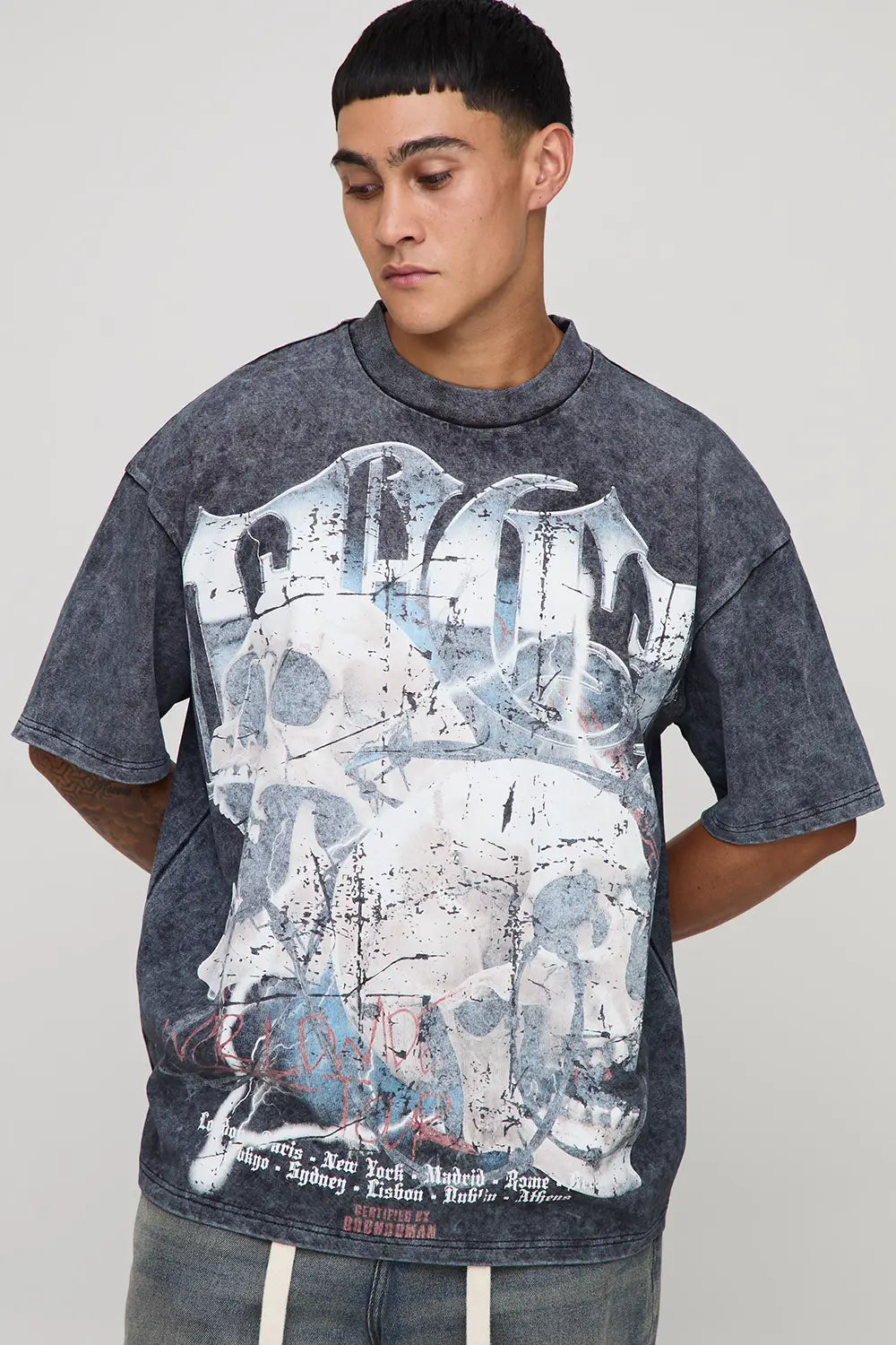 Oversized Extended Neck Gothic Skull Over Seams Heavyweight Premium Graphic T-Shirt