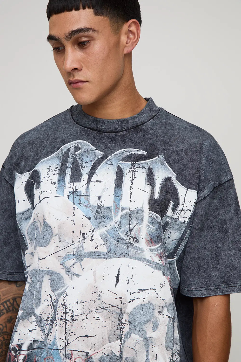 Oversized Extended Neck Gothic Skull Over Seams Heavyweight Premium Graphic T-Shirt