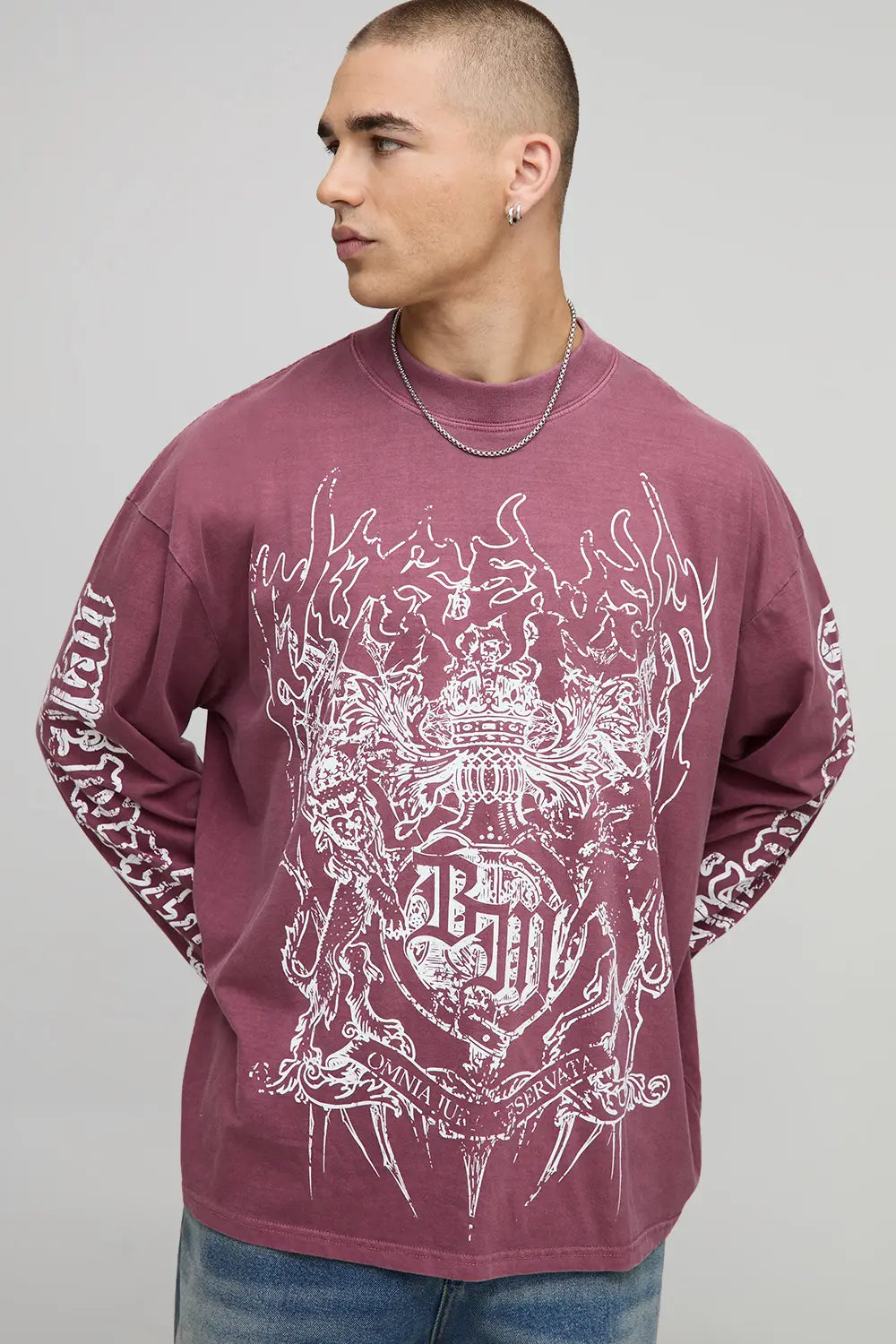 Oversized Extended Neck Washed Gothic Crest Long Sleeve T-Shirt