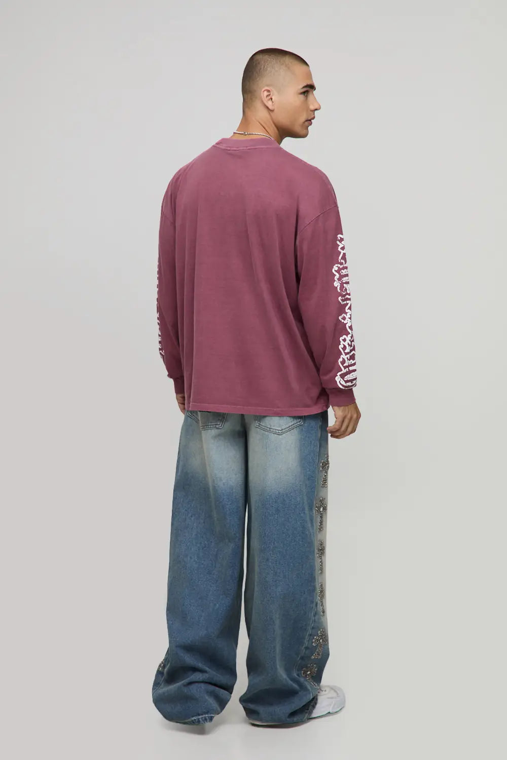 Oversized Extended Neck Washed Gothic Crest Long Sleeve T-Shirt