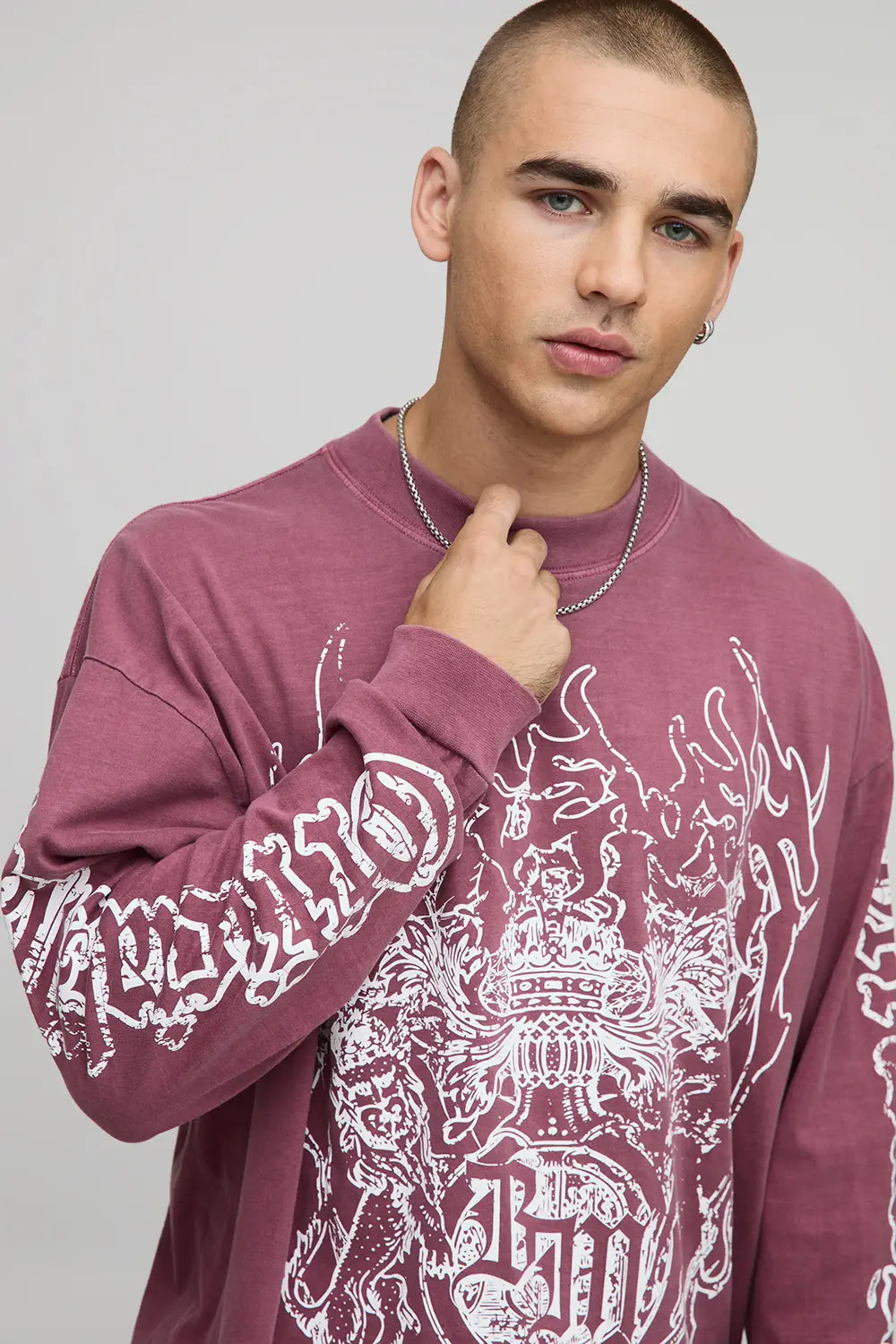 Oversized Extended Neck Washed Gothic Crest Long Sleeve T-Shirt