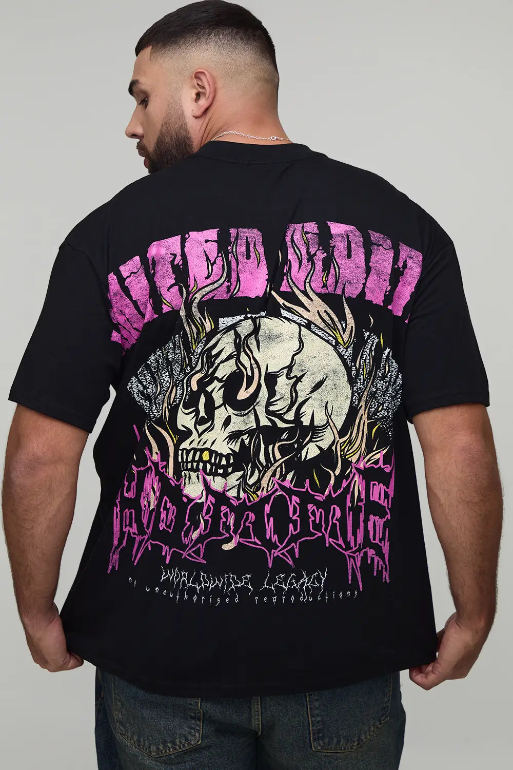 Oversized Extended Neck Over The Seam Gothic Back Print T-shirt