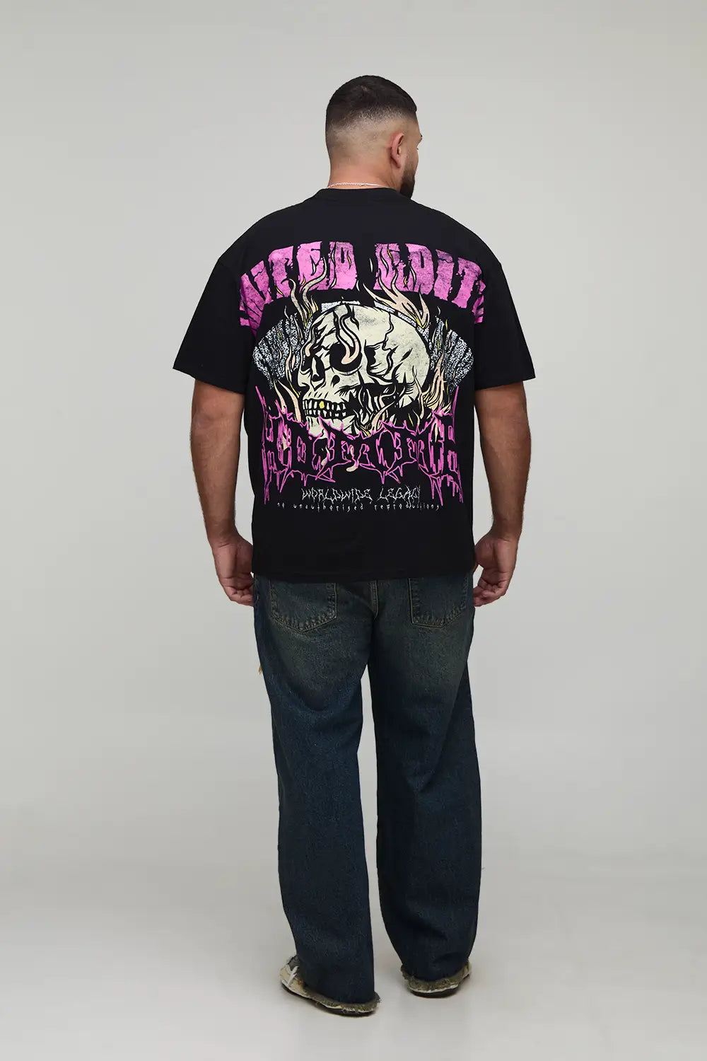 Oversized Extended Neck Over The Seam Gothic Back Print T-shirt