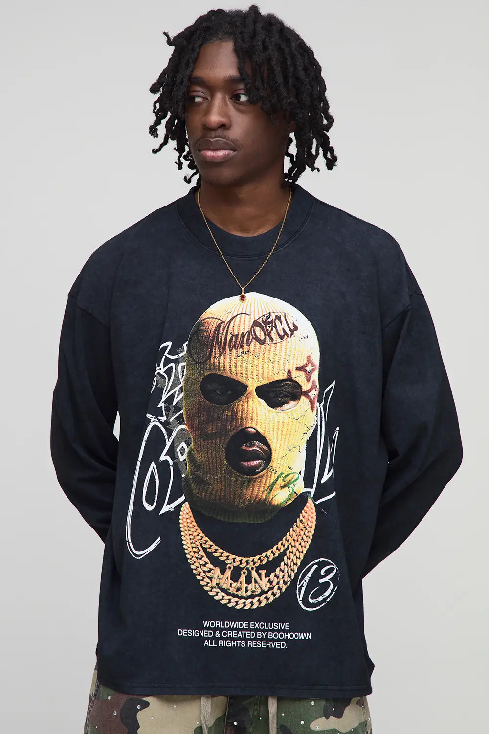 Oversized Extended Neck Ski Mask Long Sleeve Printed Washed T-Shirt