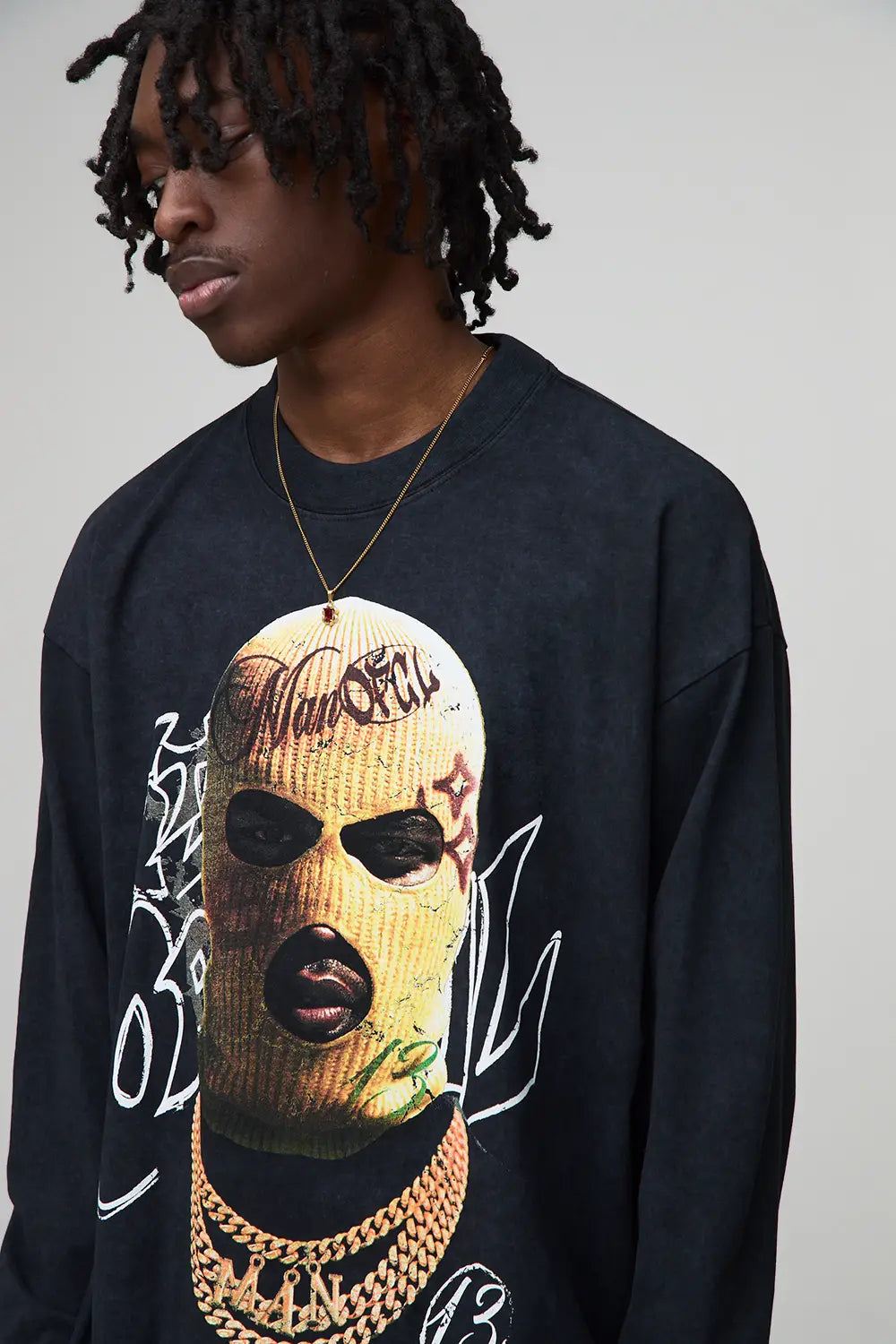 Oversized Extended Neck Ski Mask Long Sleeve Printed Washed T-Shirt