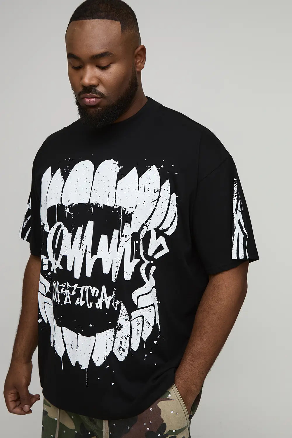 Oversized Extended Neck Graffiti Print T-Shirt
