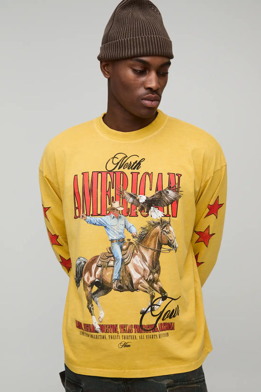 Oversized Western Star Long Sleeve Washed Graphic T-Shirt