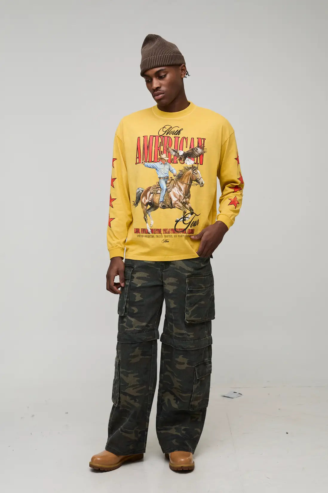Oversized Western Star Long Sleeve Washed Graphic T-Shirt
