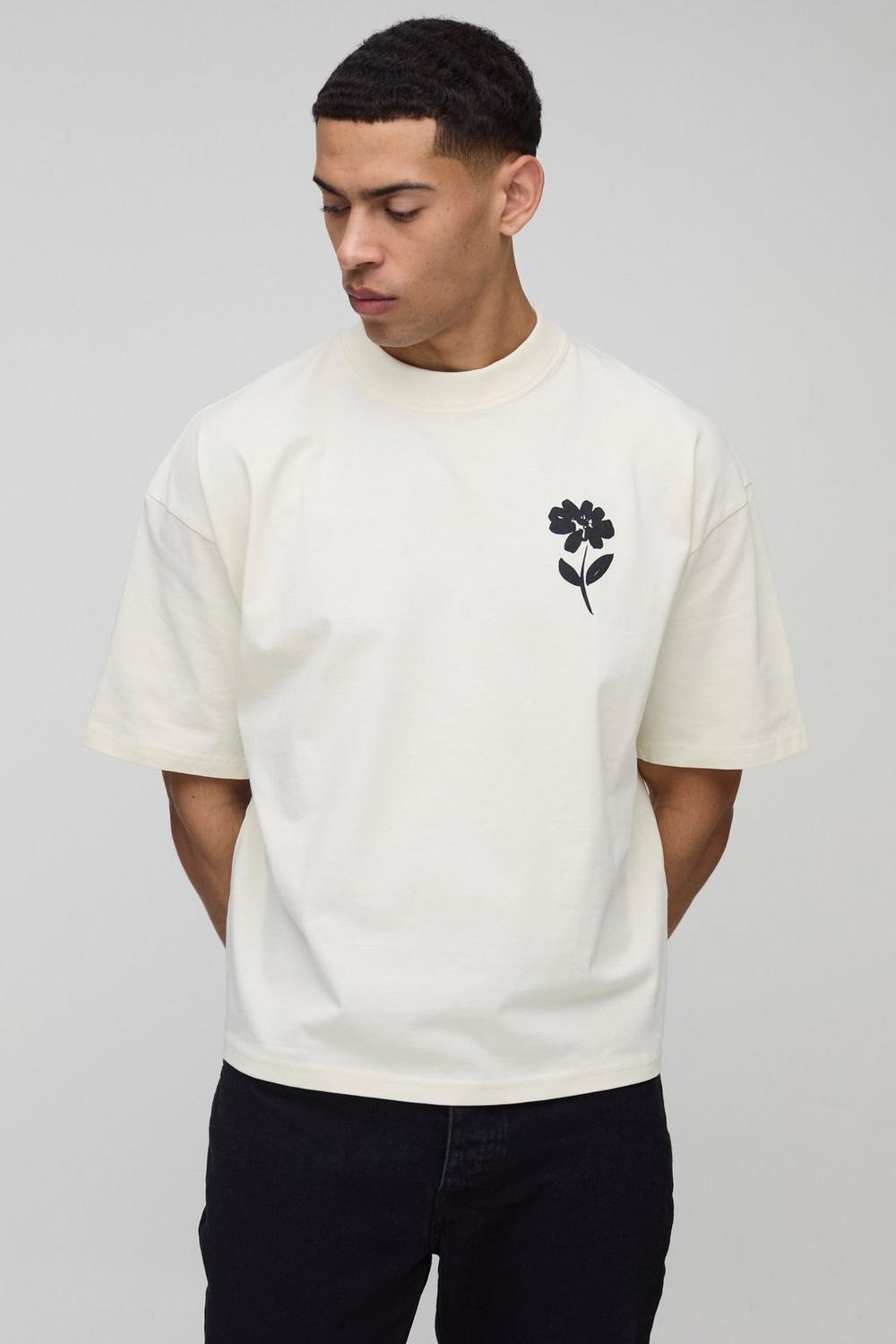 Oversized Boxy Extended Neck Floral Print T-Shirt