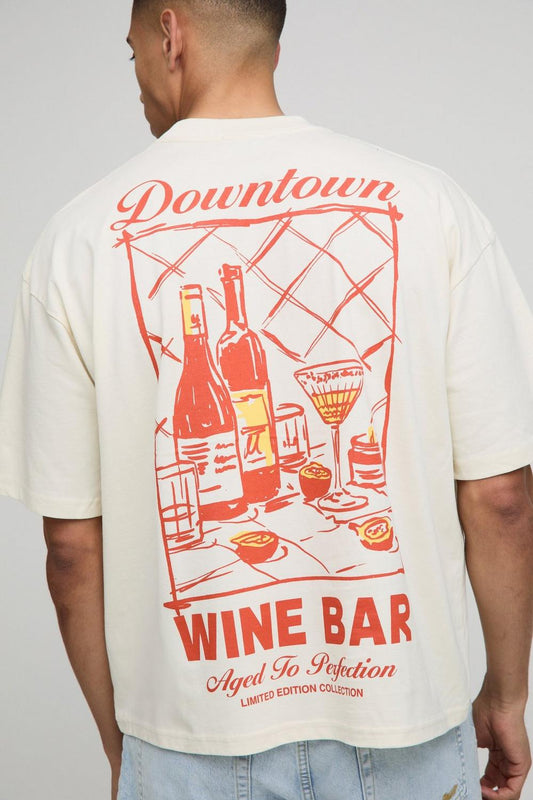 Oversized Boxy Extended Neck Wine Bar Graphic T-Shirt