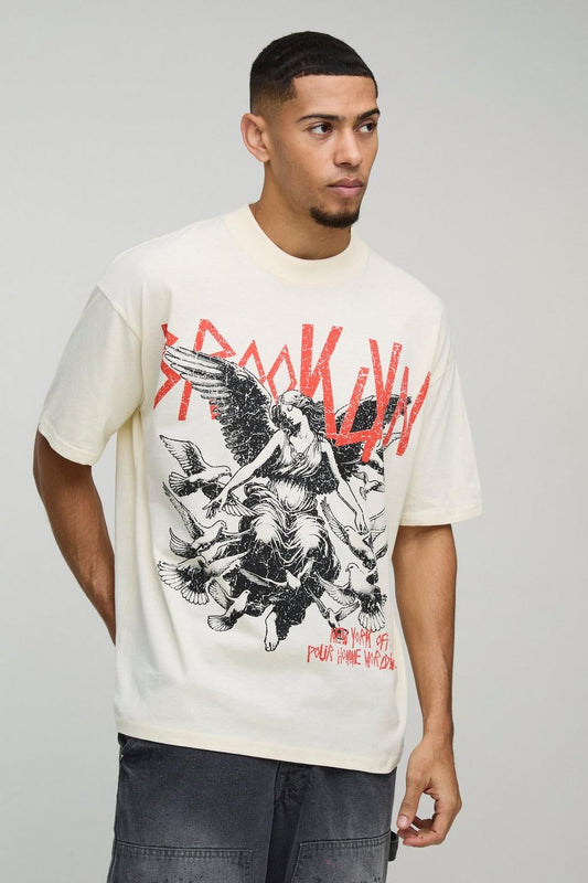 Oversized Extended Neck Gothic Brooklyn Print T-Shirt
