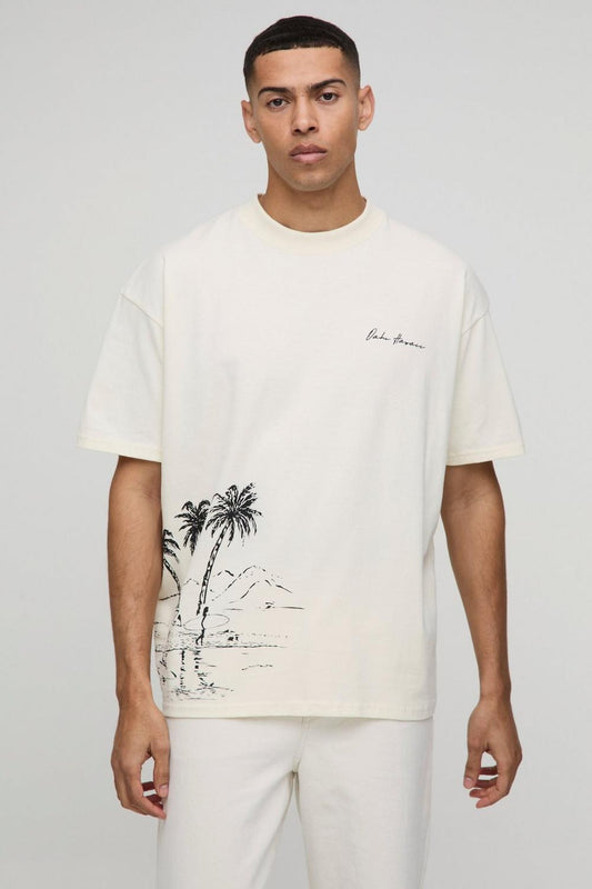 Oversized Extended Neck Pour Homme Palm Tree Landscape T-Shirt
